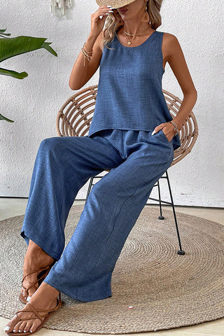 Solid Color Hollow Back Casual Two Piece Set