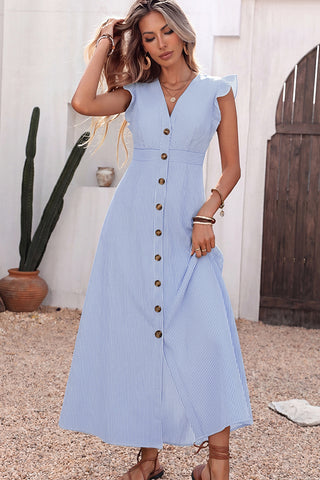 V Neck Stripe Print Ruffle Sleeves Dress