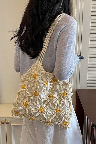 Fashion Color Block Flower Design Weave Bag