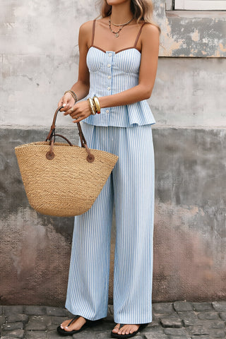 Stripe Print Color Block Button Two Piece Set
