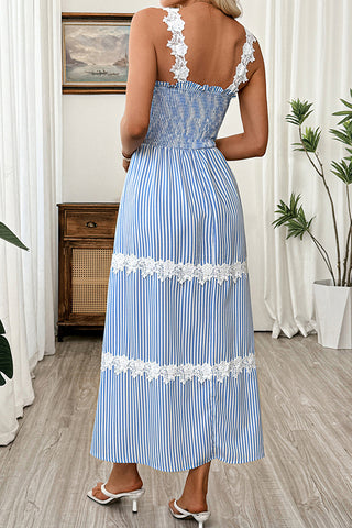 Stripe Print Lace Strap Smocked Bust Maxi Dress