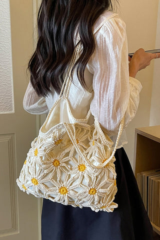 Fashion Color Block Flower Design Weave Bag