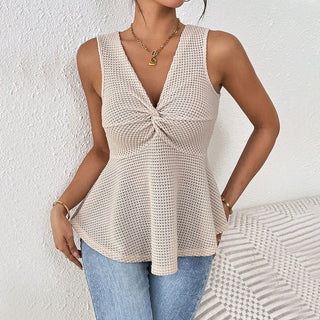 V Neck Solid Color Hook Design Top