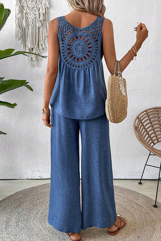 Solid Color Hollow Back Casual Two Piece Set