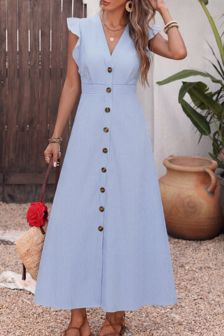 V Neck Stripe Print Ruffle Sleeves Dress