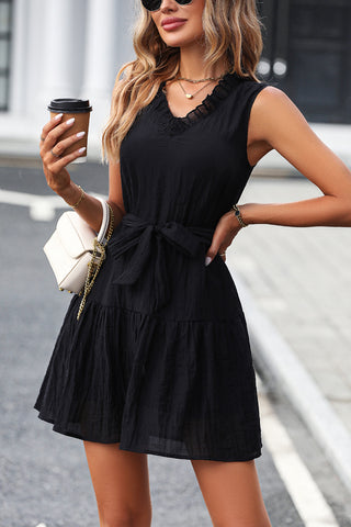 Stringy Selvedge Solid V Neck Casual Dress