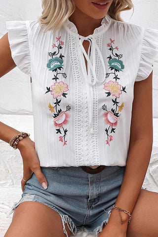 Fashion Embroidery Ruffle Sleeve Casual Tops