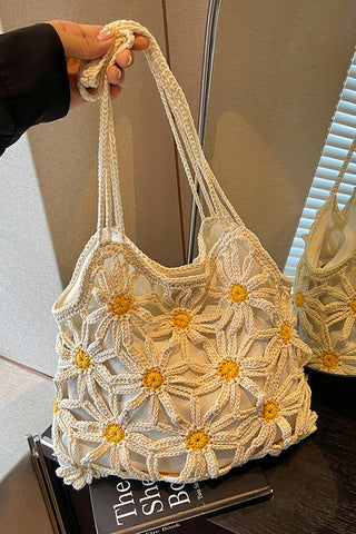 Fashion Color Block Flower Design Weave Bag