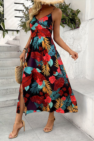 V Neck Floral Print High Waist Maxi Dress