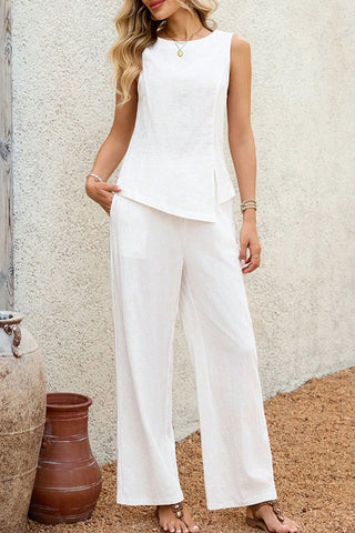 Fashion Solid Color Round Neck Two Piece Set