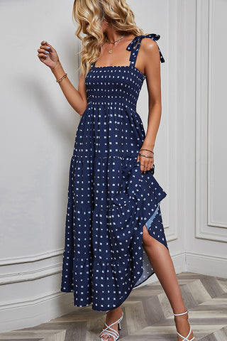 Fashion Printed Tie Shoulder Smocked Dress