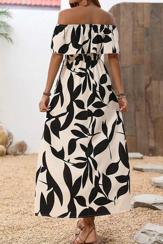 Off The Shoulder Leaf Print Smocked Waist Casual Dress