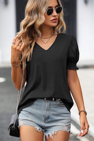 Solid Color V Neck Puff Sleeve Casual Tops