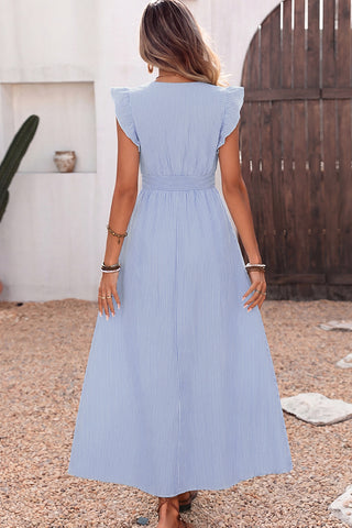 V Neck Stripe Print Ruffle Sleeves Dress