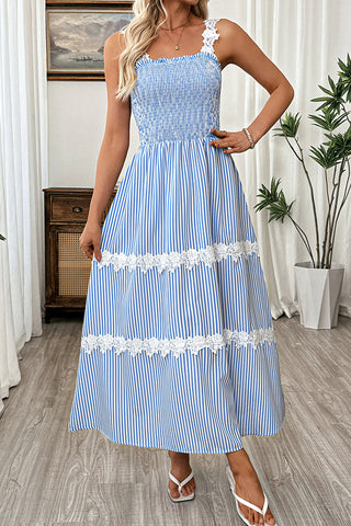 Stripe Print Lace Strap Smocked Bust Maxi Dress