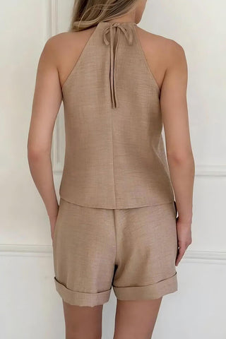 Fashion Halter Neck Solid Color Two Piece Set