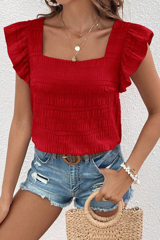 Solid Color Ruffle Sleeve Square Neck Casual Tops