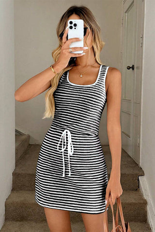 Fashion Drawstring Stripe Print Mini Dress