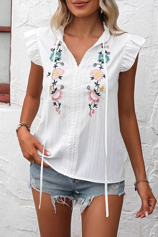 Fashion Embroidery Ruffle Sleeve Casual Tops