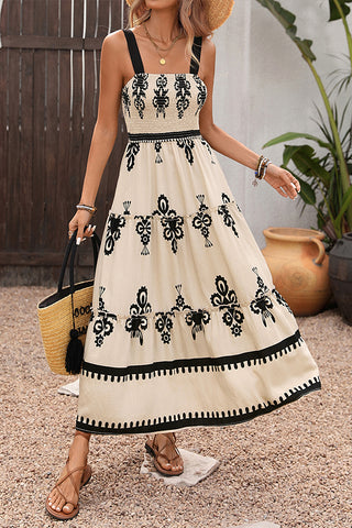 Fashion Smocked Floral Print Maxi Dress