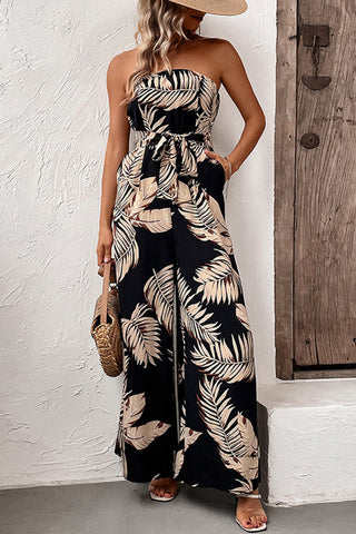 Fashion Bandeau Leaf Print Jumpsuits