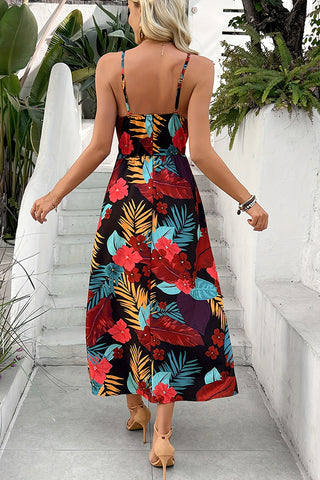 V Neck Floral Print High Waist Maxi Dress