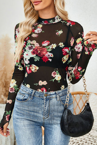 Long Sleeve Mesh Floral Print Casual Tops