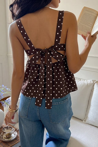 Polka Dots Print Lace Up Back Casual Tops