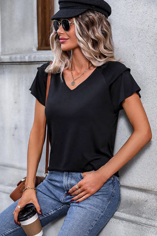 V Neck Ruffle Sleeve Solid Casual Tops