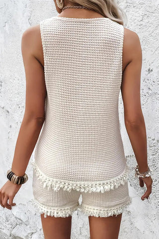 Round Neck Solid Color Tassel Casual Two Piece Set