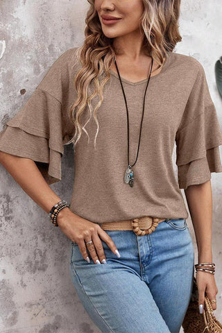Solid Color Layered Sleeve Causal Tops