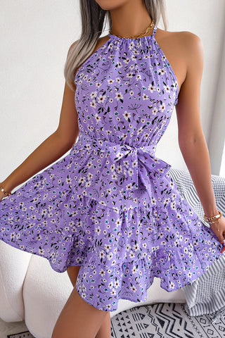 Fashion Halter Neck Floral Print Mini Dress