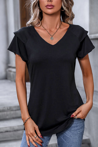 V Neck Ruffle Sleeve Solid Casual Tops