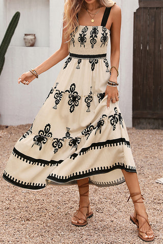 Fashion Smocked Floral Print Maxi Dress