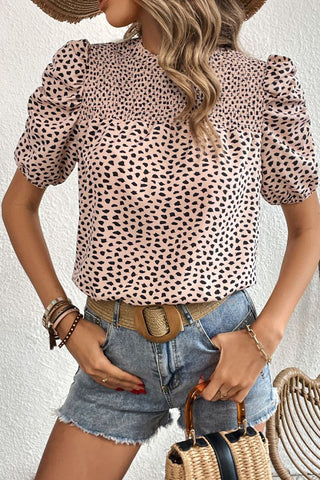 Leopard Print Smocked Casual Tops