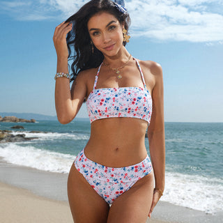 Smocked Floral Print Bandeau Bikini Set