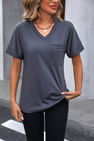 V Neck Short Sleeve Solid Casual Tops
