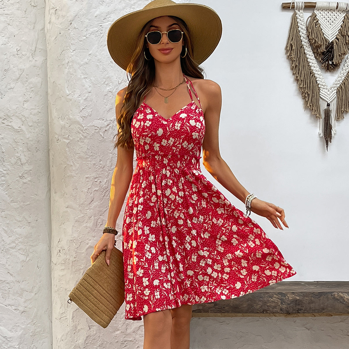 V Neck Halter Neck Floral Print Mini Dress Beachsissi V Neck Halter Neck Floral Print Mini Dress Beachsissi