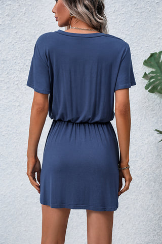 Solid Color V Neck Short Sleeve Casual Mini Dress