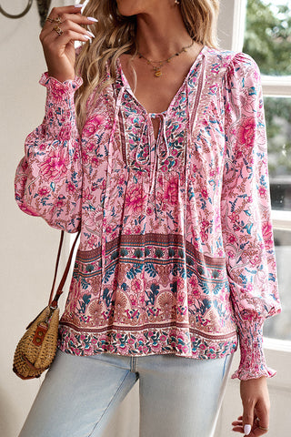 V Neck Floral Print Long Sleeve Casual Tops