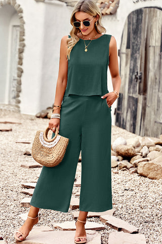 Fashion Round Neck Solid Color Two Pieces Set