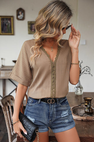V Neck Patchwork Solid Casual Tops