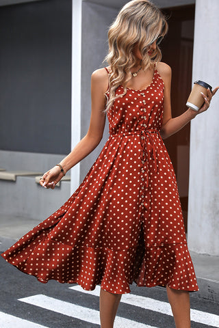 Fashion Dots Print Sleeveless Tie Waist Dress