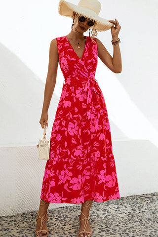 Fashion Flower Print V Neck Sleeveless Dress