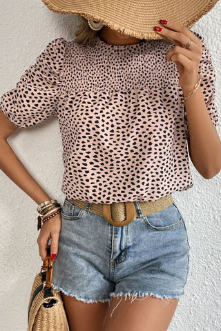 Leopard Print Smocked Casual Tops