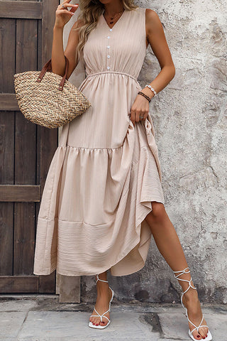 Solid Color V Neck  Button Up Causal Dress