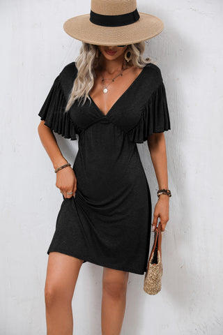 Solid Black Ruffle Sleeve V Neck Casual Mini Dress
