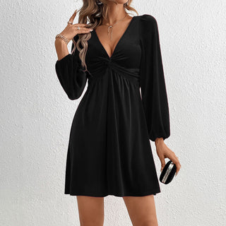 Solid Color Hook Design V Neck Dress