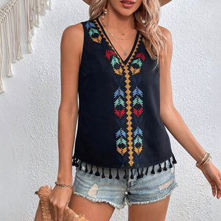 Bohemian Print V Neck Tassel Hem Top