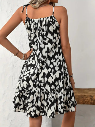 Leopard Print Tie Shoulder Ruffle Hem Mini Dress
